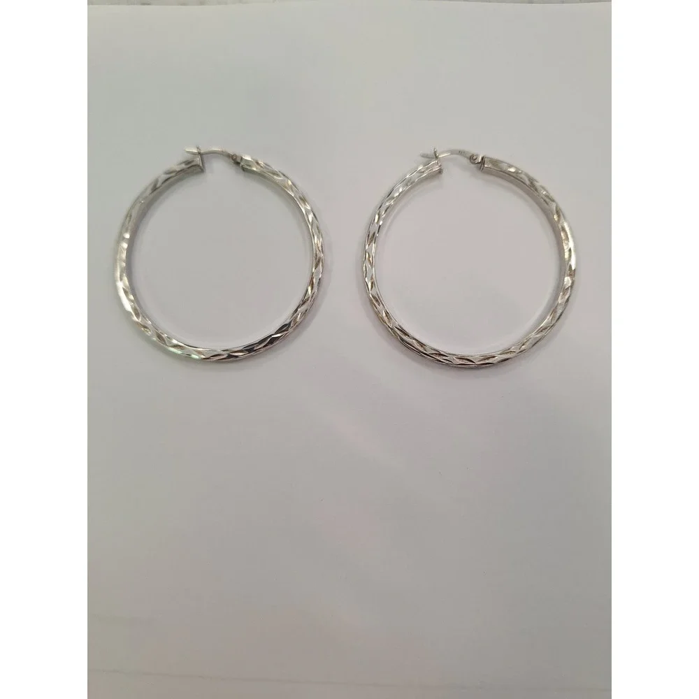 Sterling Silver 925 Diamond Cut Etched Hoop Earrings Latch Back Round Large